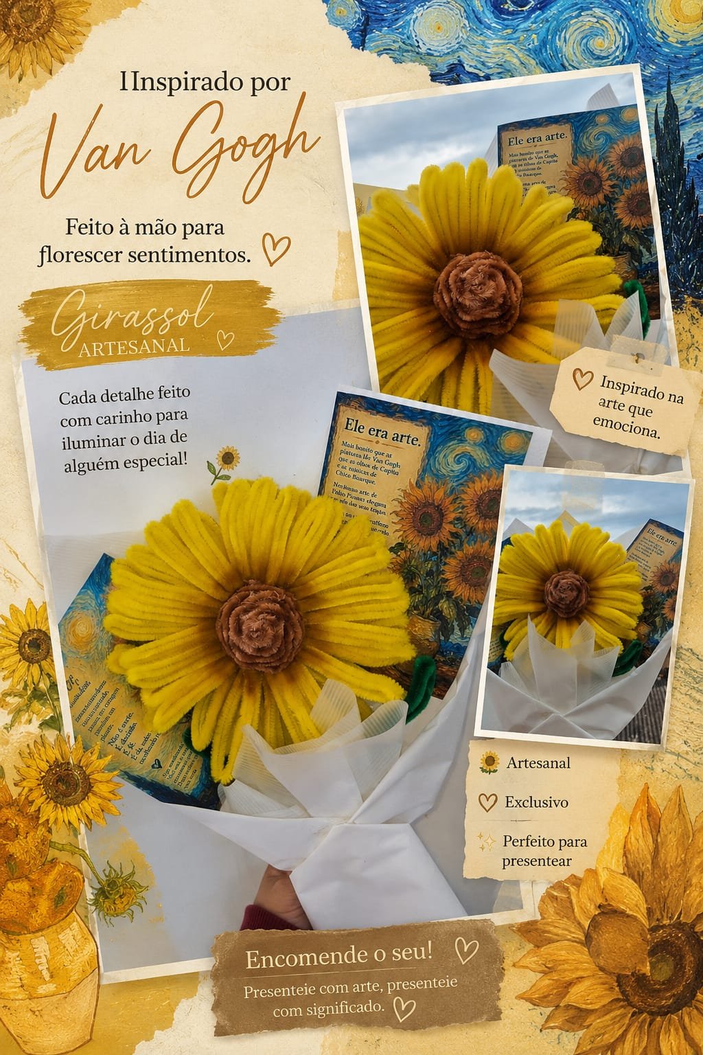 Buquê artesanal de girassóis inspirado em Van Gogh